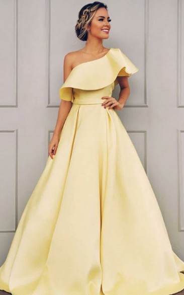 Satin Floor-length Sweep Train A Line Sleeveless Modern Formal Dress with Ruffles