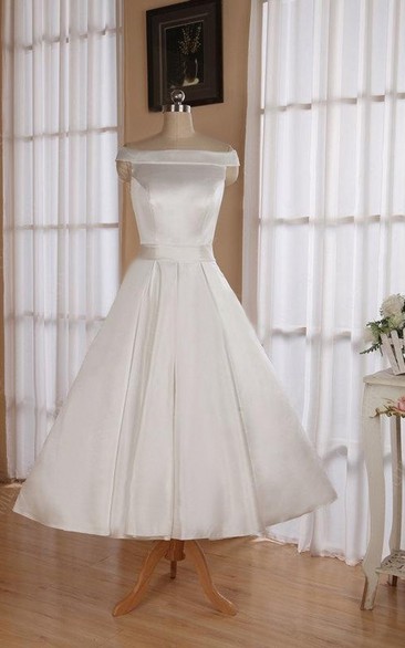 Sleeveless Tea-Length Satin Wedding Dress With Sash And Off-The-Shoulder Neck