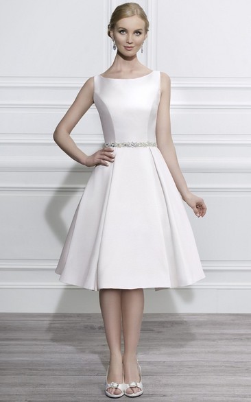 Scoop Midi Jeweled Satin Wedding Dress With Illusion