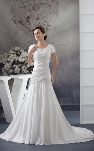 Scoop Neckline Mini Sleeve Taffeta Gown With Criss Cross and Beadings