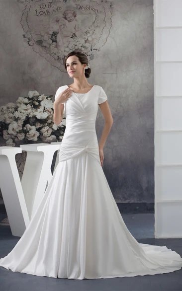 Scoop Neckline Mini Sleeve Taffeta Gown With Criss Cross and Beadings