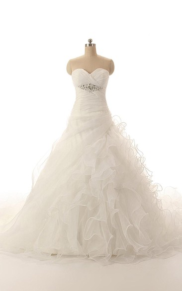 Organza Crisscross Sweetheart Sleeveless A-Line Dress With Cascading Ruffles and Beadwork