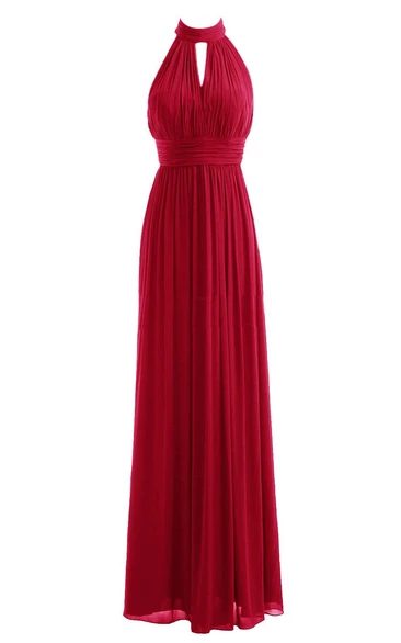 High-neck Long Dress With Ruching and Key-hole Back