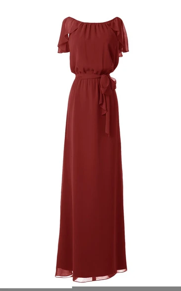 Bateau Long Chiffon Dress With Draping and Belt