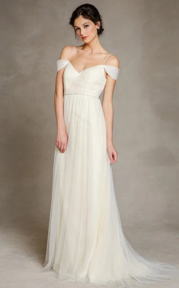 A-Line Jeweled Floor-Length Spaghetti Tulle Wedding Dress With Pleats