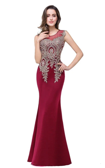 Mermaid Sleeveless Satin Long Lace Appliques Dress