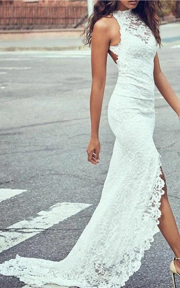 Sexy Lace Sheath Halter Sleeveless Keyhole Long Wedding Dress