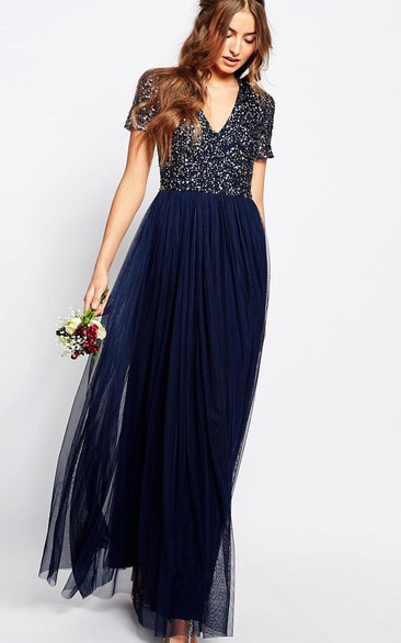 A-Line V-Neck Beaded Short-Sleeve Floor-Length Chiffon Bridesmaid Dress With Pleats