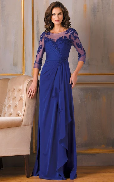 Sheath 3-4-Sleeve Floor-Length Appliqued Chiffon Mother Of The Bride Dress