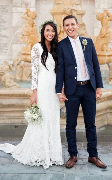 Scalloped-Neck Satin Lace Button Wedding Dress With Zipper