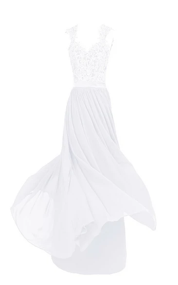 Sleeveless V-neck Lace Beaded Bodice Long Chiffon Dress