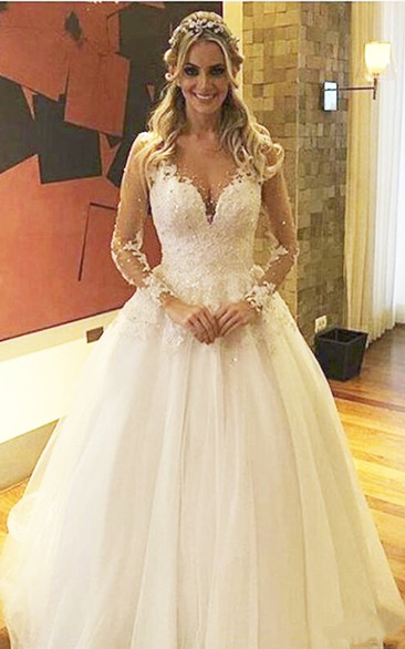 Illusion Deep V Neck Pearls Beaded Backless Sheer See Through Lace Wedding Dress