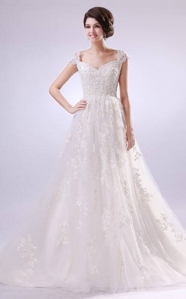 Cap Sleeve Sweetheart Low-V Back Dress With Full Appliques