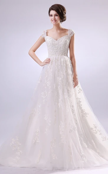 Cap Sleeve Sweetheart Low-V Back Dress With Full Appliques