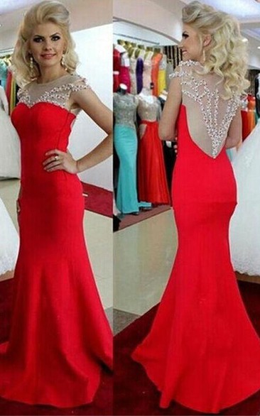 Sexy Illusion Cap Sleeve Mermaid Prom Dress Beadings