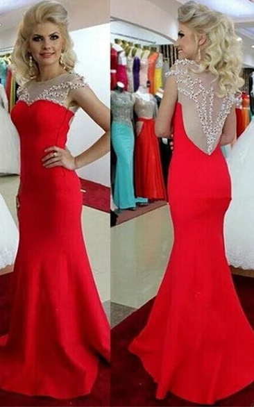 Sexy Illusion Cap Sleeve Mermaid Prom Dress Beadings