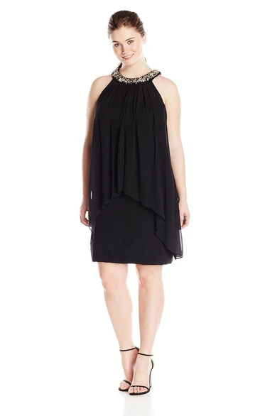 High-neck Chiffon Dress With Jeweled Neckline