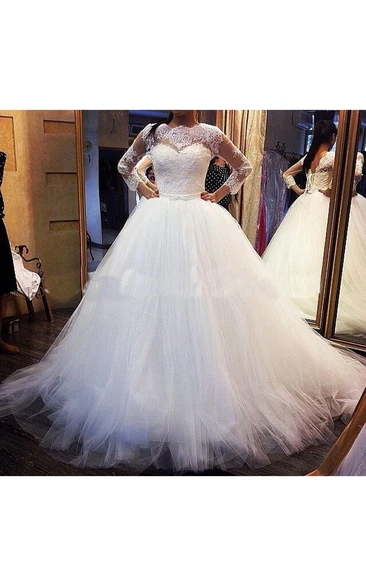 Illusion Long Sleeves Bateau Neck Tulle Ball Gown With Lace Bodice