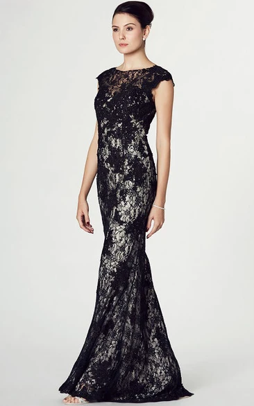 Sheath Cap-Sleeve Appliqued Maxi Scoop Lace Prom Dress With Illusion Back And Sweep Train