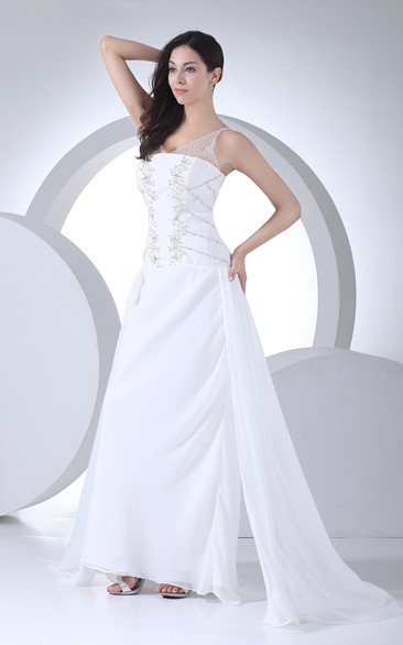Sleeveless Chiffon Beaded Dress With Illusion and Beading