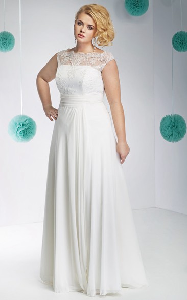 Cap-Sleeve Floor-Length Lace Bateau-Neck Chiffon Plus Size Wedding Dress