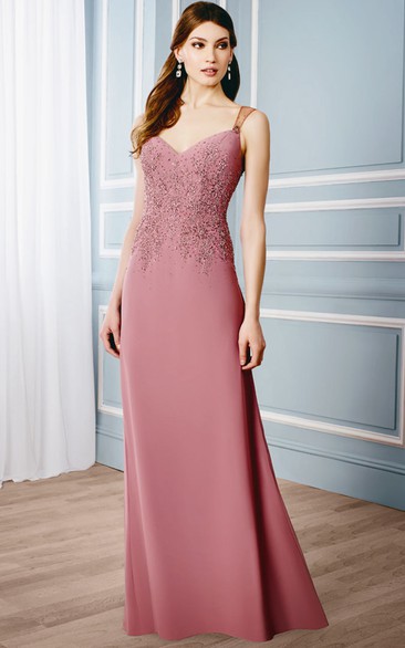 Appliqued Sleeveless V-Neck Jersey Formal Dress With Illusion Back