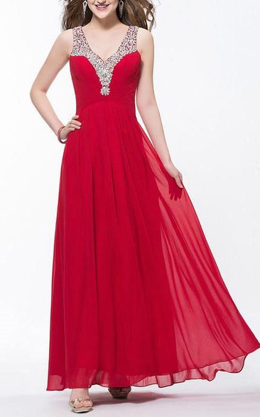 Charming V Neck Squins Ruffles Beading Ankle Length Prom Dress