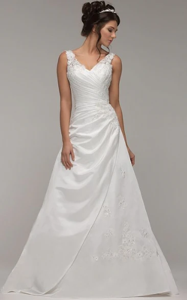 A-Line Side-Draped Floor-Length V-Neck Sleeveless Stretched Satin Wedding Dress With Appliques