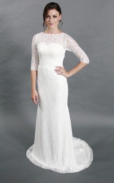 Column Half Sleeve Jewel Neck Lace Dress With Illusion Back