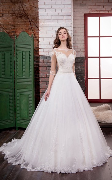 A-Line Maxi Bateau Half-Sleeve Illusion Tulle Dress With Appliques