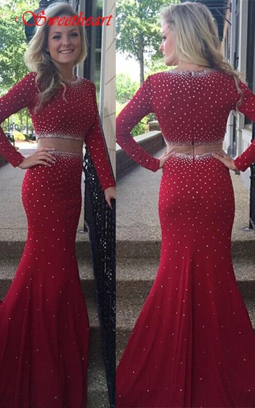 Glamorous Long Sleeve Beadings Prom Dresses Burgundy Long Long Sleeve