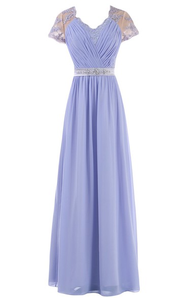 Cap-sleeve V-neck Embroideried A-line Gown With Crystal-beaded Band