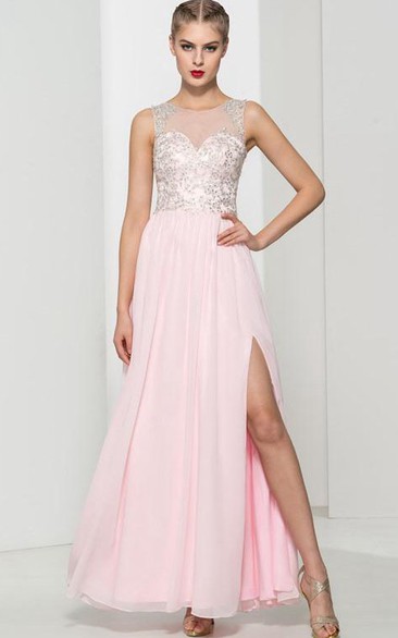 Scoop Neck Appliques Sequins Split-Front Prom Dress