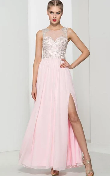Scoop Neck Appliques Sequins Split-Front Prom Dress