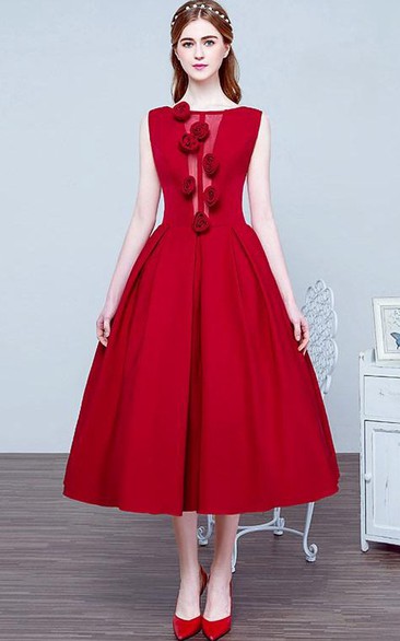 A-Line Scoop Flowers Tea-Length Prom Dress
