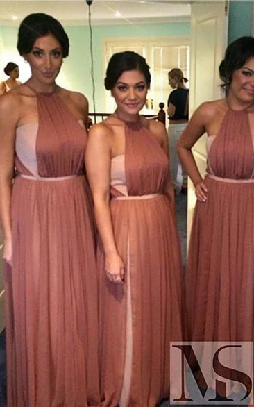 Modern A-line Halter Chiffon Bridesmaid Dress Sleeveless Floor-length