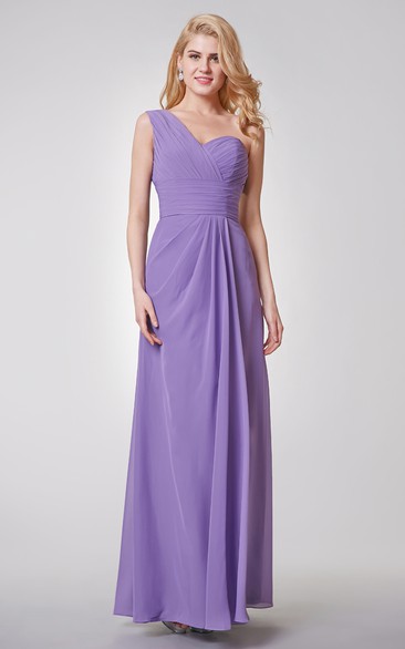 One Shoulder Ruched A-line Long Chiffon Dress