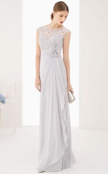 Lace Top Cap Sleeve Side Drape Chiffon Long Dress With Waist Flower