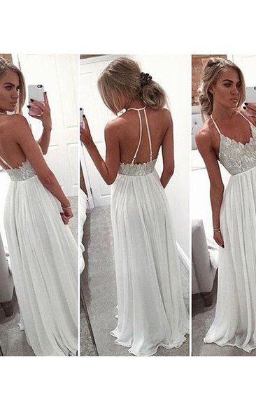 A-line Halter Sleeveless Chiffon Beading Sweep Train Dresses