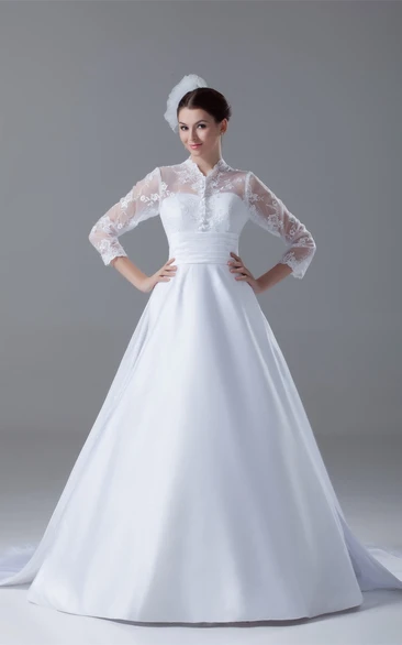 Exquisite Long Sleeve High Neck Satin Appliqued a Line Wedding Dresses