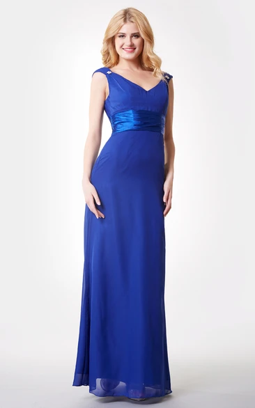 Elegant V-neck Ruched Waist A-line Long Chiffon Dress