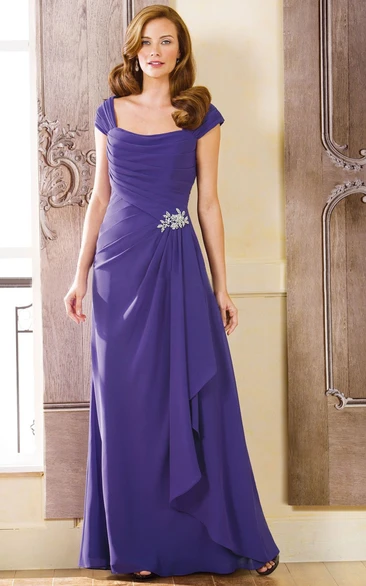 A-Line Floor-Length Cap Chiffon Broach Draping Ruching Zipper Dress