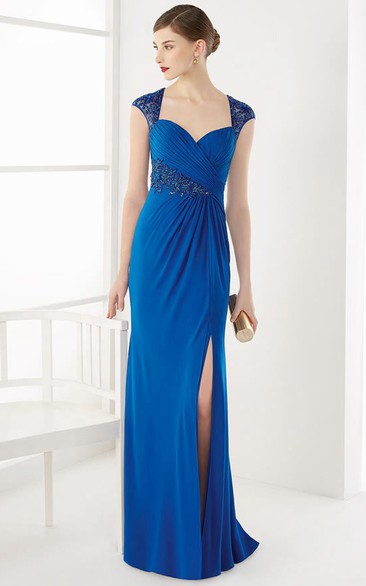 Illusion Cap Sleeve Sheath Long Prom Dress With Side Split