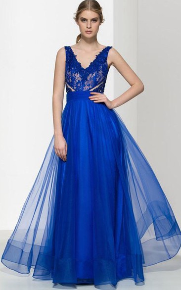 V-Neck Appliques Beading Hollow Lace Prom Dress