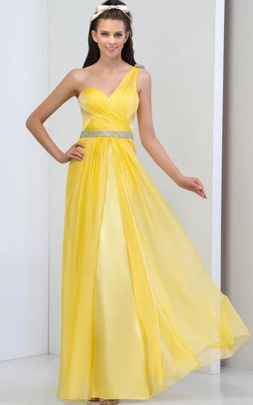 One Shouder Beading Pleats Floor-Length Prom Dress