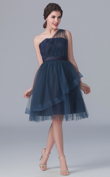 One-shoulder A-line Tulle short Dress With Appliques