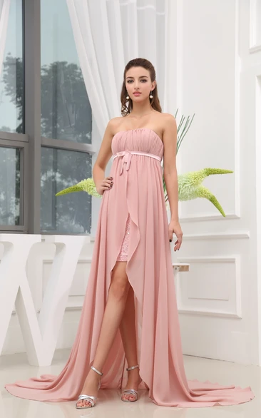 Strapless Chiffon Pleated Empire Dress With Brush Train