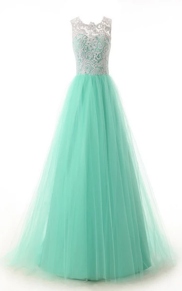 Jewel Pleated Tulle A-line Gown With Lace Appliques