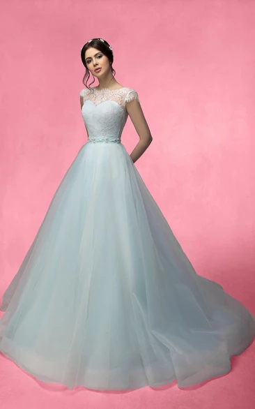 A-Line Long Bateau-Neck Cap-Sleeve Low-V-Back Tulle Lace Dress With Beading And Bow