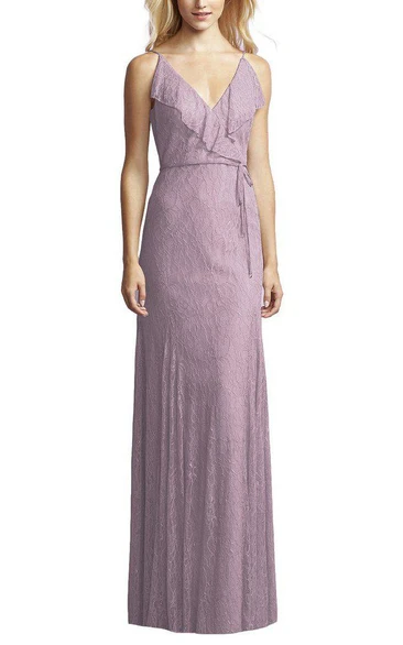 V-neck Lace Wrap Bodice Floor-length Bridesmaid Dress with Sash